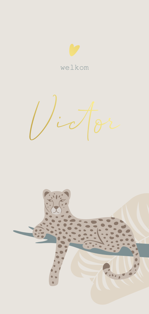 Stoer geboortekaartje met panter en goudfolie voor een jongen