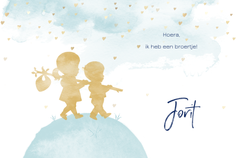 Hip geboortekaartje met silhouet van broertje en zus op avontuur
