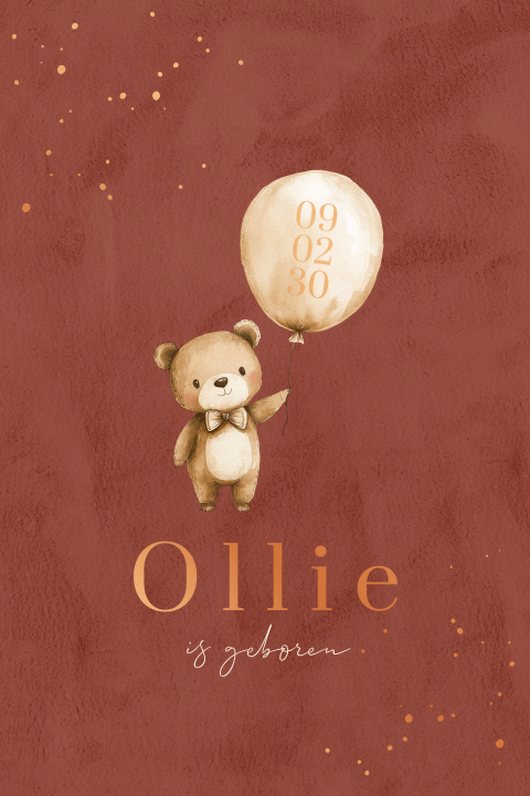 Schattig geboortekaartje met beer, ballon, foliedruk op velvet look