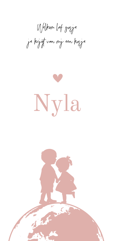 Avontuurlijk geboortekaartje meisje met broer silhouetjes op wereldbol