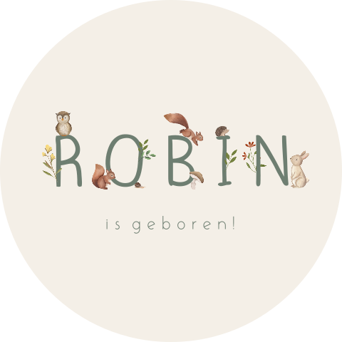 Ronde raamsticker beige met naam en bosdieren