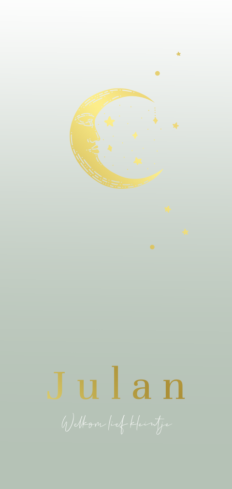 Groen geboortekaartje met goudfolie maan en sterren voor een jongen