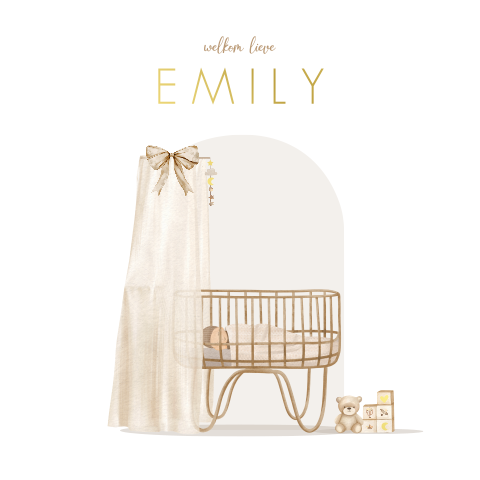 Geboortekaartje meisje met wiegje, hemeltje en foliedruk