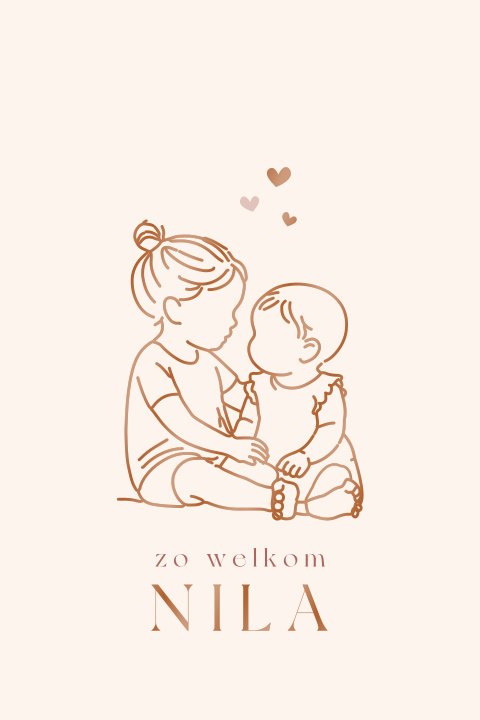  Schattige babykaartje met lijntekening van baby zusje en grote zus