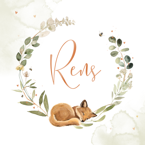 Lief geboortekaartje met watercolour, hoogglans en slapend vosje