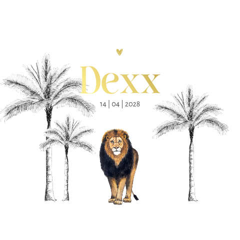 Luxe geboortekaartje met goudfolie, leeuw en palmbomen