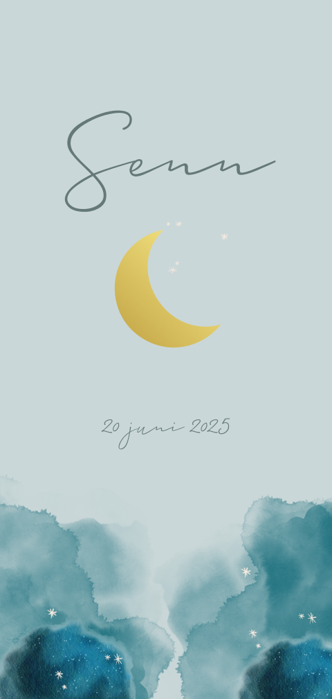 Rondhoek geboortekaartje jongen met watercolour en goudfolie maan