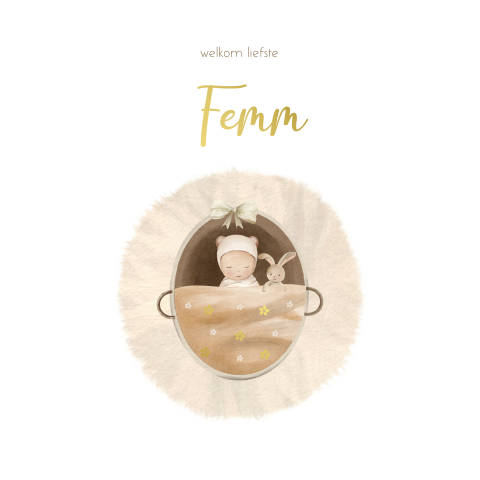 Geboortekaartje meisje met baby in mandje en goudfolie