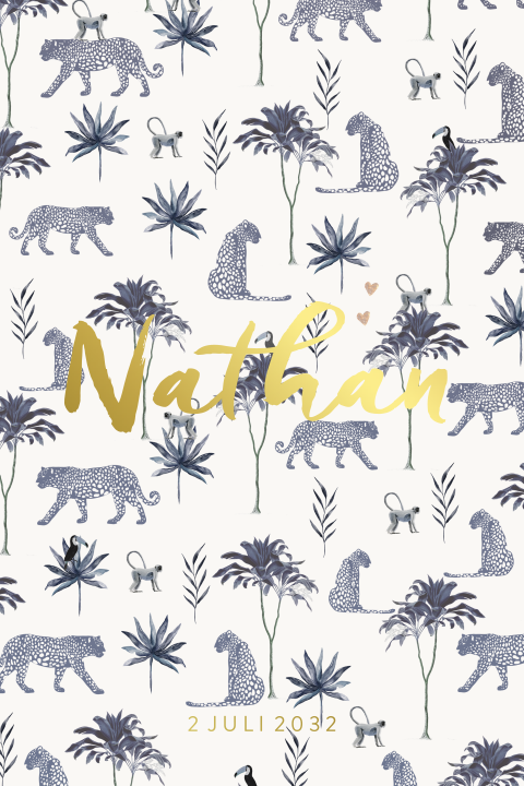 Goudfolie geboortekaartje delftsblauw met jungle dieren