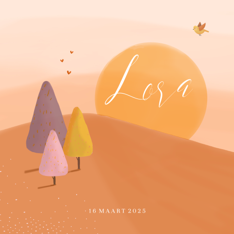 Geboortekaart dochter landschap boompjes bergen zonsopgang