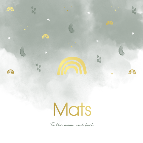 Goudfolie babykaartje met groen watercolor, regenboogjes en sterretjes