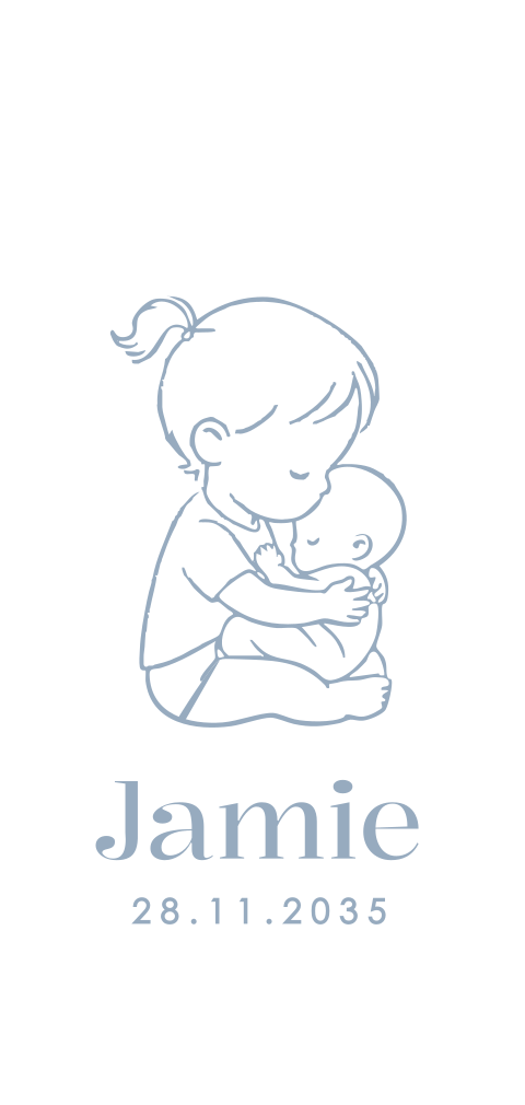 Lief geboortekaartje met lijntekening van knuffelende zus en broertje