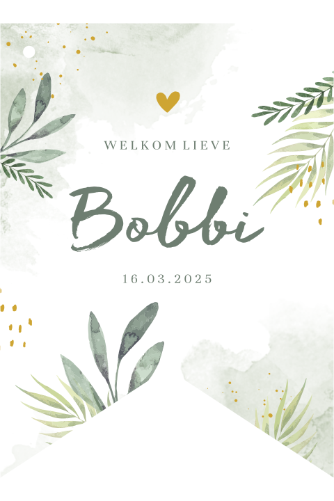 Origineel babykaartje in de vorm van vlag met bladeren en watercolour