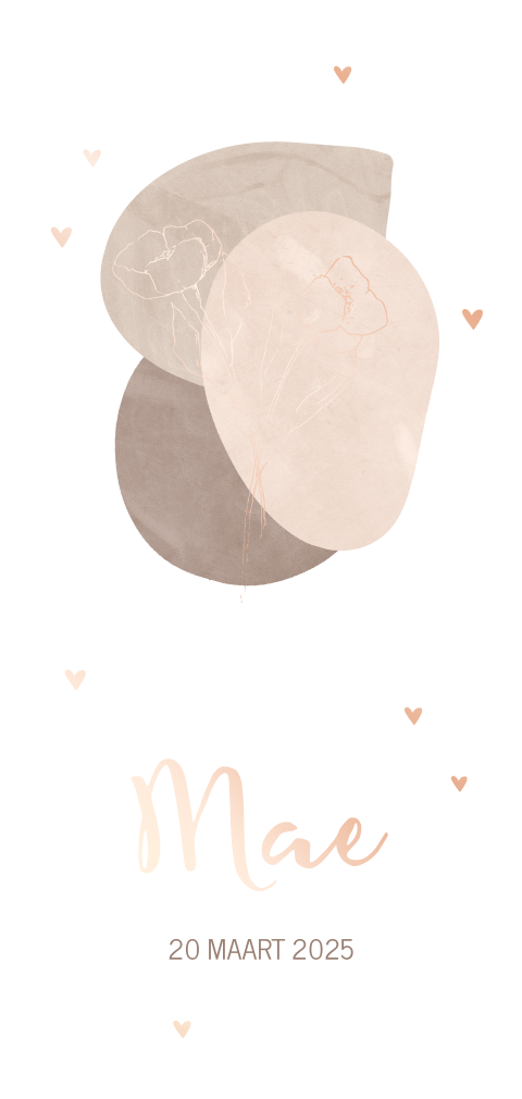 Roségoudfolie babykaartje met organische vormen, bloemen en hartjes