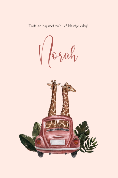 Trendy jungle geboortekaartje voor meisje met giraffes in oldtimer