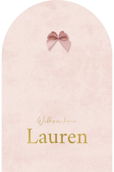 Uniek roze geboortekaartje met goudfolie en optioneel écht strikje