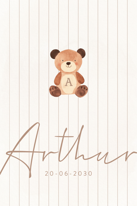Lief geboortekaartje met lijnen en een teddy beertje met letter