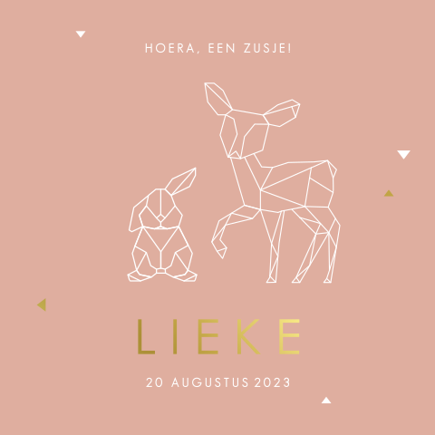 Lief goudfolie geboortekaartje met geometrische dieren voor een zusje