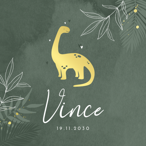 Groen velvet-look geboortekaartje met silhouet van goudfolie dino