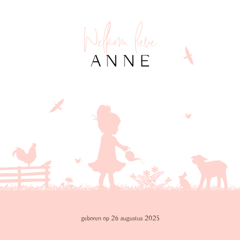 Lief silhouet geboortekaartje voor meisje met boerderij dieren