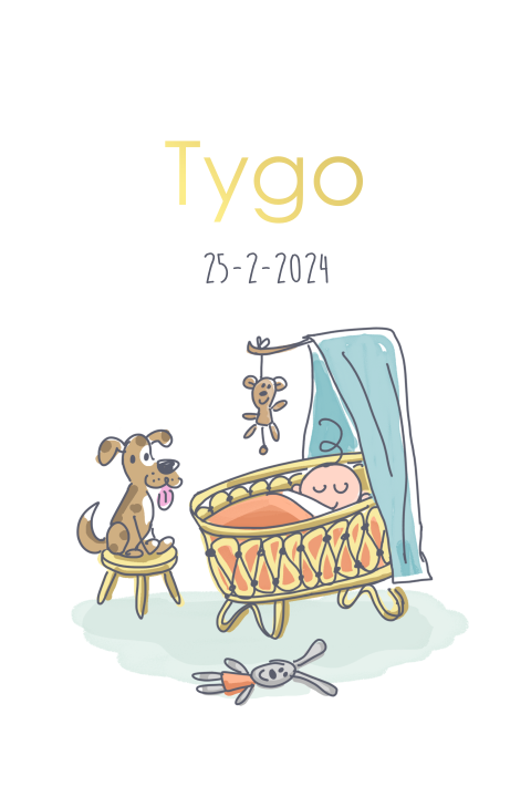 Geboortekaartje voor zoontje met vintage wieg en hond