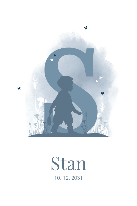 Blauw watercolour geboortekaartje met silhouet van jongen en initiaal