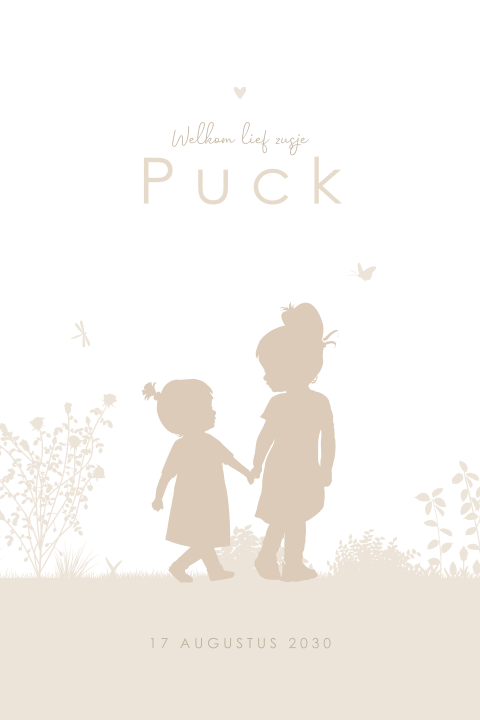 Rondhoek geboortekaartje beige met silhouetjes grote en kleine zus