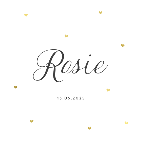 Romantisch geboortekaartje voor meisje met goudfolie hartjes op wit