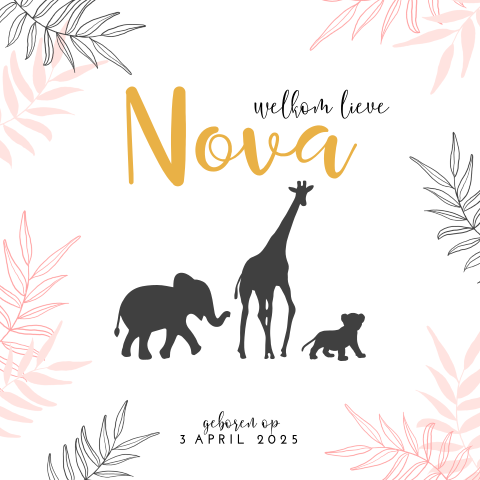 Stoer geboortekaartje meisje met jungledieren silhouet en bladeren