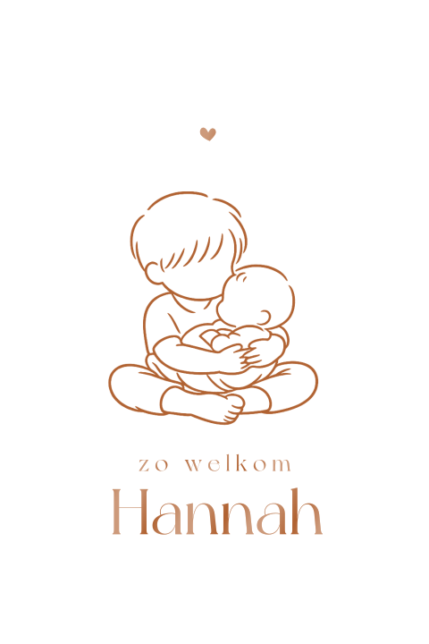 Lief geboortekaartje met lijntekening van broer en baby in hoogglans