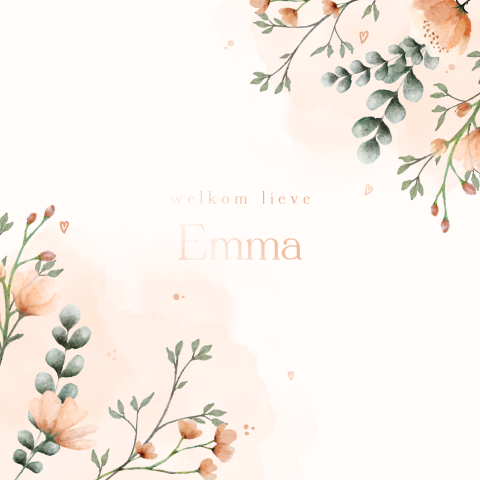 Romantisch geboortekaartje met watercolour bloemen en roségoudfolie