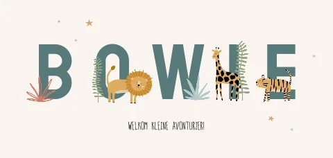 Avontuurlijk unisex geboortekaartje met jungle dieren