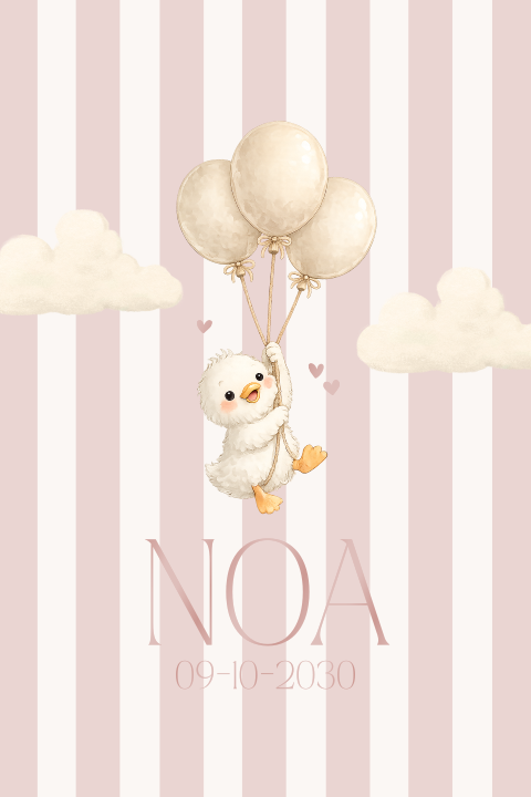 Lief roze geboortekaartje met een eendje aan ballonnen met strepen