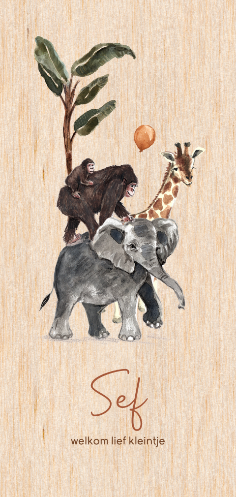 Stoer geboortekaartje met jungledieren op echt hout