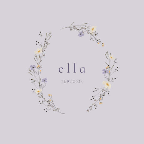 Rondhoek geboortekaartje meisje met bloemenkrans in lila tinten