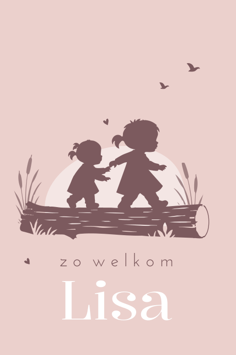 Geboortekaartje met silhouet zusjes op avontuur in bos