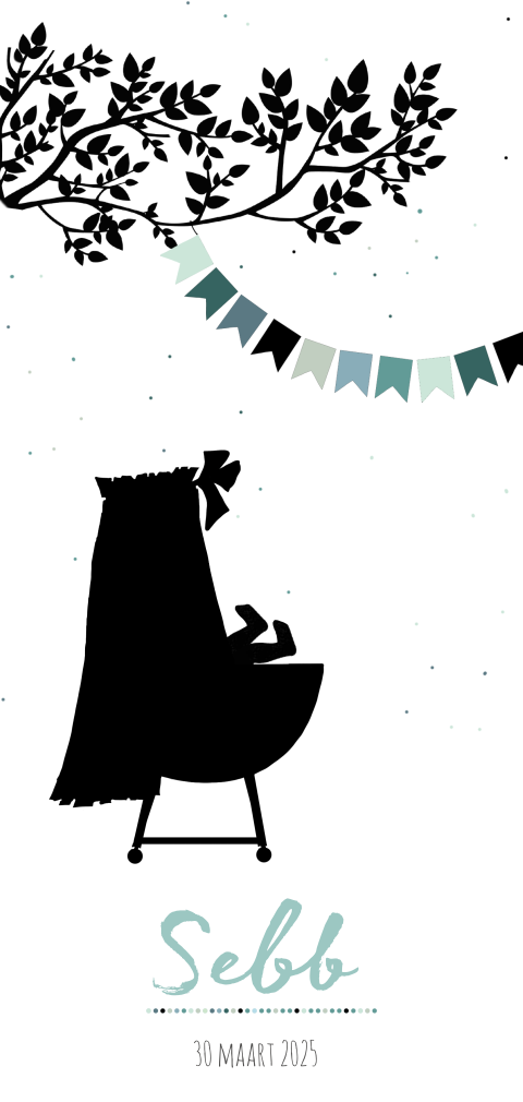 Hippe geboortekaartje met illustratie van silhouet van baby in wiegje