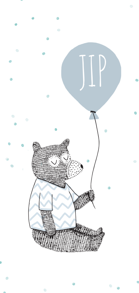 Hip jongens geboortekaartje met tekening van beertje met ballon 