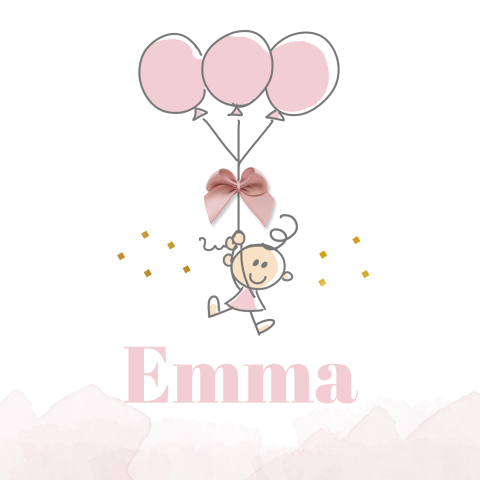 Schattige babykaart met meisje, ballonnen en optioneel écht strikje