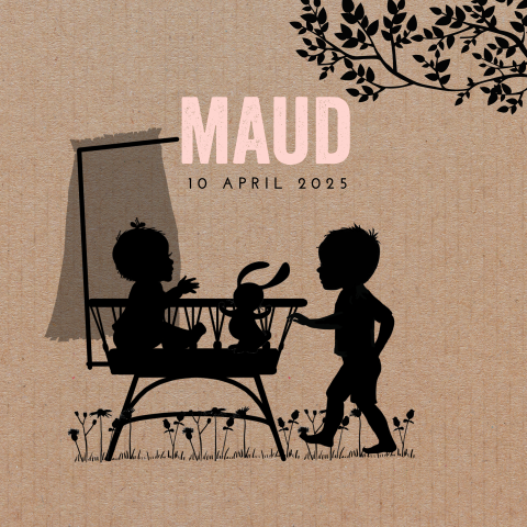 Silhouet geboortekaartje met rotanwieg en kindjes