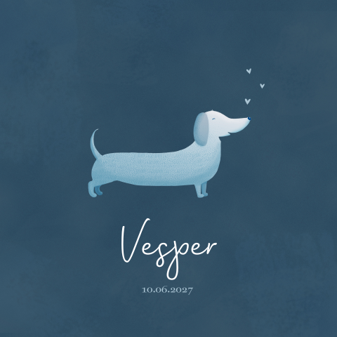 Donkerblauw babykaartje met hondje en hartjes