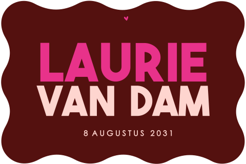 Origineel babykaartje met golfrand in bruin en naam in roze