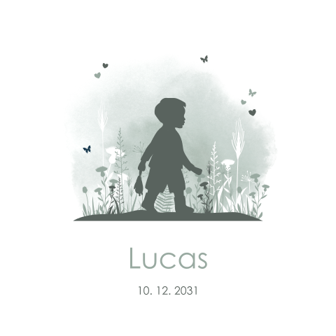 Groen watercolour geboortekaartje met silhouet van jongen