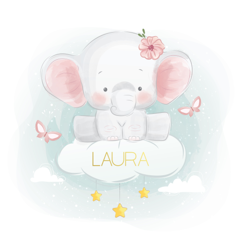 Schattig goudfolie geboortekaartje voor meisje met lief olifantje