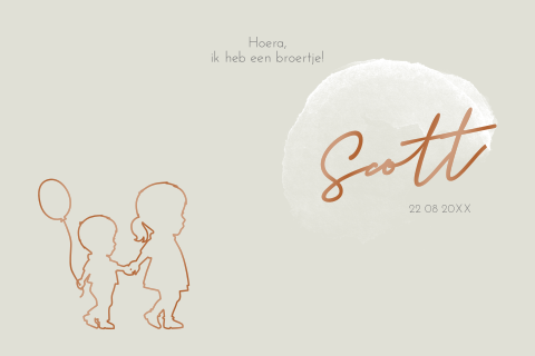 Lief koperfolie geboortekaartje met silhouetjes voor een broertje