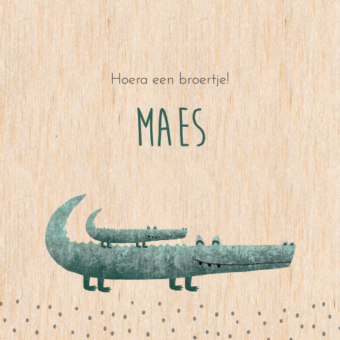 Echt houten vierkant geboortekaartje met krokodillen