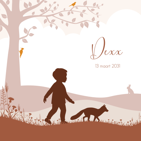 Stoer geboortekaartje met jongen en vosje in abstract landschap