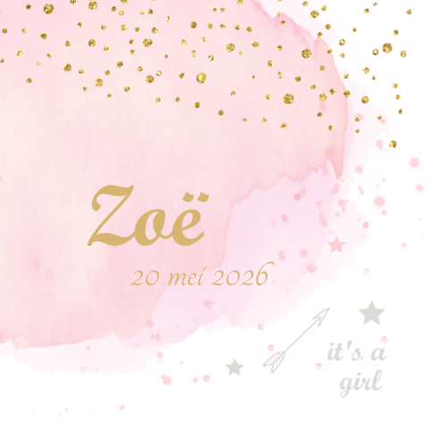 Waterverf geboortekaartje met glitters in goudlook