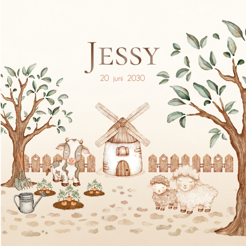 Vrolijk en speels geboortekaartje met boerderijdieren