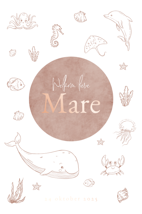 Luxe roségoudfolie babykaartje met zeedieren en ronde hoeken